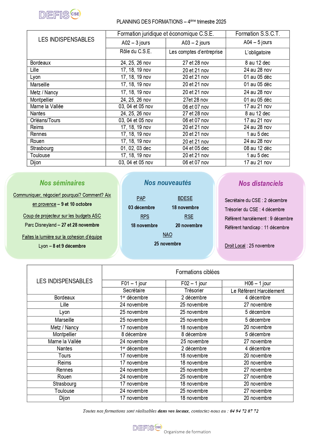 Planning des formations 4ème trimestre 2025 - DEFIS CSE